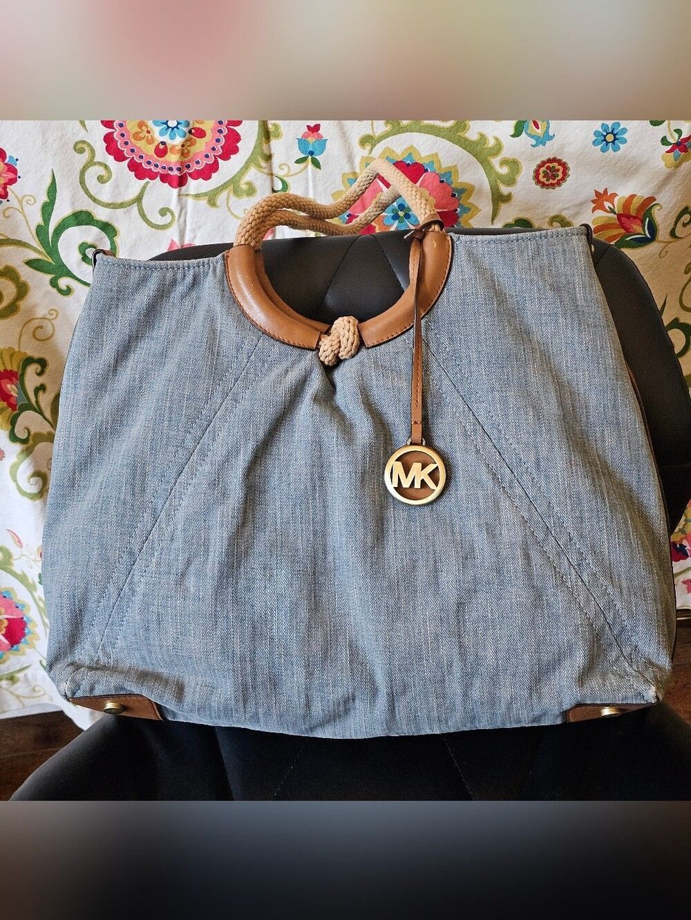 Michael Kors Denim Tote with Tan Leather Trim